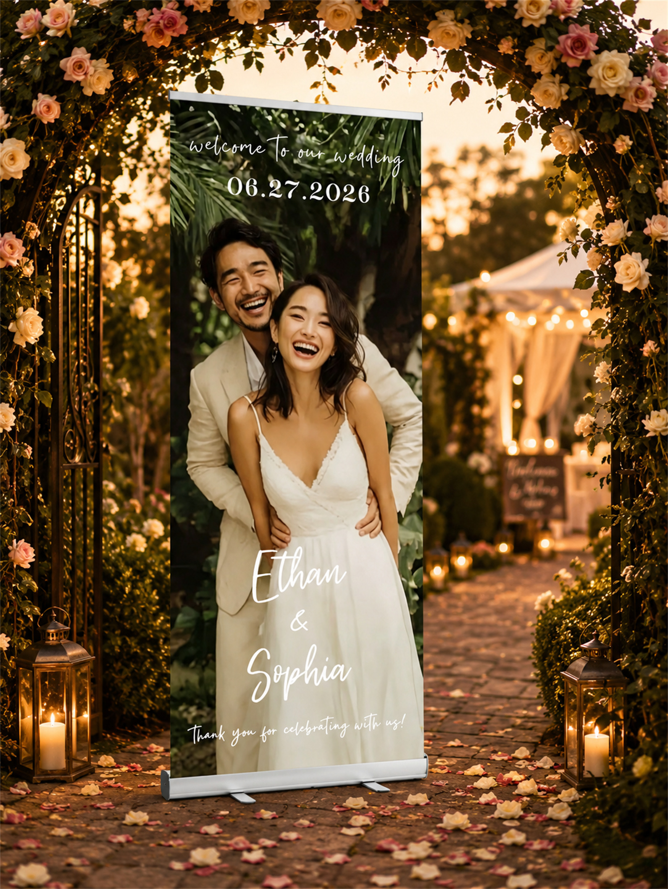 婚礼定制伸缩横幅 – 个性化婚礼欢迎牌、接待装饰和背景幕布